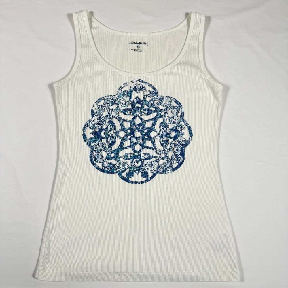 Eddie Bauer Womens Tank Top Sleveless White Blue Mandala Size M Yoga Athletic - Picture 2 of 12